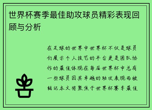 世界杯赛季最佳助攻球员精彩表现回顾与分析